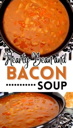 hearty bean and bacon soup in a black bowl on a patterned tablecloth with text overlay