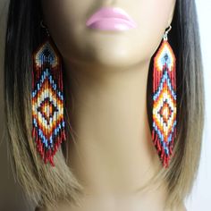 Southwestern Red Beaded Earrings With Dangling Beads, Southwestern Red Earrings With Dangling Beads, Southwestern Style Red Dangle Earrings, Southwestern Red Dangle Earrings, Beaded Earrings Native White Red Yello Orange, Miyuki Beads, Bead Work Jewelry, Orange And Yellow, Fringe Earrings