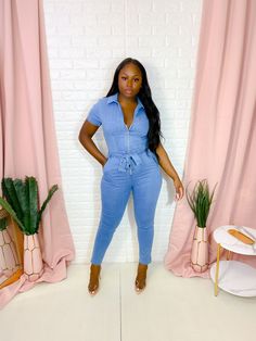 LIGHT BLUE WASH DENIM JUMPSUIT Blue Jean Jumpsuit, Black Backless Jumpsuits, Backless Jumpsuit, Classy Dress Outfits, Statement Dress, Jumpsuit Shorts Rompers, Denim Details, Blue Outfit, Sweater Pullover