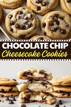 chocolate chip cheesecake cookies stacked on top of each other with the title overlay