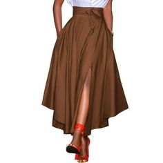 Please Not Only Reference the Size Guide Provided by Walmart But Also Have to Reference Ours,Which Shows in the Product Detail Pictures. Item Type:Skirt Material:95% Polyester+5% Spandex Colors:Brown,Navy,Wine Red Package include:1 Skirt (Include The Belt) Fit Type:Loose Length:Ankle Length Closure Type: Back Zipper Waistline:Natural Decoration:Lace-Up Features:Side Pockets,Side Fork Pattern:Solid Thickness:Standard Style:Casual Season:Spring,Summer,Autumn,Winter Occasion:Daily Size: 4XL.  Gende Casual Long Skirt, Brown Maxi Skirts, Long Skirt Casual, Long Skirt Summer, Solid Skirt, Long Maxi Skirts, Summer Skirts, Beauty Collection, Vintage Summer