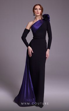 Elevate your style with Sybil - an elegant couture gown from MNM Couture N0529. The asymmetric neckline and cold shoulder detail add a unique touch, while the purple accent and pleated sweep train bring sophistication. Perfect for a black tie event, this gown also features a belted waist for a cinched look. Elegant Couture, 50 Shades Of Pink, Mnm Couture, Couture Gown, Showroom Interior Design, Boutique Couture, Prom Dress Ideas, Sleeve Gown, Long Sleeve Gown