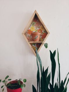 a potted plant sitting on top of a wooden shelf next to a wall hanging