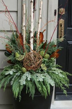 a planter filled with branches and greenery next to a door