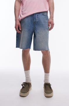 Kick off your next weekend look with these nonstretch denim shorts boasting roomy wide legs and stylish raw hems. 9" inseam; 22" leg opening; 12 1/2" front rise; 15 1/2" back rise (size 32) Zip fly with button closure Five-pocket style 100% cotton Machine wash, line dry Made in Turkey Relaxed Fit Wide Leg Jeans With Built-in Shorts, Washed Blue Rigid Denim Jeans For Summer, Summer Washed Blue Rigid Denim Jeans, Medium Wash Knee-length Jean Shorts For Spring, Spring Washed Bottoms With Straight Hem, Summer Wide Leg Jeans With Frayed Hem, Denim Wide Leg Bermuda Shorts With Pockets, Wide Leg Denim Bermuda Shorts With Pockets, Denim Blue Washed Relaxed Fit Shorts