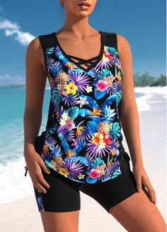 Floral Print Cross Strap Black Tankini Set Suits For Women Over 50, Womens Tankini Swimwear, Bathing Suits For Women, Swimsuit With Shorts, Trendy Swimsuits, Black Tankini, Printed Tankini, Swimwear Tankini, Black Cross