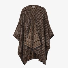 Lightweight poncho with enveloping volumes made in a luxurious wool and silk blend. The jacquard reproduces the iconic FF pattern in brown. Made in Italy. One Size Fendi Poncho, Silk Poncho, Wool Poncho, Jumpsuit Jacket, Women Essentials, Knitwear Tops, Short Coat, Ski Wear, Skirt Pants