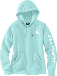 Made of heavyweight fleece, the sweatshirt is brushed on the inside for extra softness. It has a relaxed fit that allows for easy layering, and it's finished with a Carhartt logo down the sleeve Blue Carhartt Hoodie, Carhartt Sweatshirt Women, Carhartt Women Outfits, Country Hoodies, Carhartt Hoodies, Western Hoodies, Carhartt Sweater, Cowboys Hoodie, Carhartt Sweatshirts