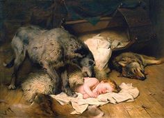 a painting of two dogs and a baby laying on the floor next to each other