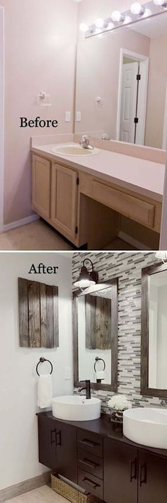 before and after pictures of a bathroom remodel with wood vanity tops, white sinks, and brown cabinets