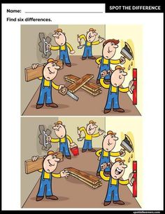 two cartoon pictures with different people working on wooden planks, one in yellow and the other in blue