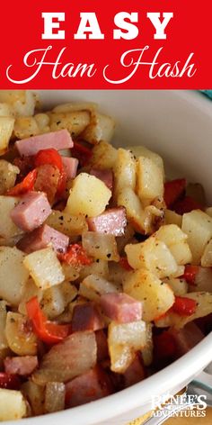 a white bowl filled with potatoes and ham