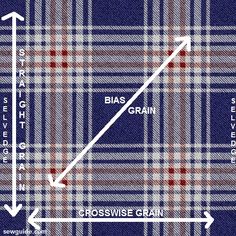 a blue and white plaid fabric with the words crosswise grain written in red on it