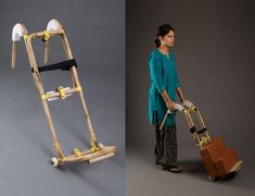 a woman standing next to a ladder made out of wood and an old wooden box