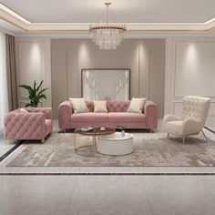 a living room filled with furniture and a chandelier