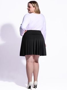 Plus Size Pleated Mini Skirt-Black丨Moon Wood Black Stretch Pleated Tennis Skirt, Black Stretch Pleated Short Skirt, Black Flared Tennis Skirt With Stretch, Black Stretch Flared Tennis Skirt, Black Stretch Pleated Skirt, Plus Size Mini Skirt, Garter Stockings, Plus Size Tights, Plus Size Skirt