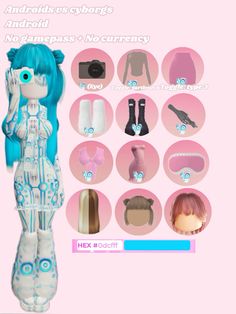 the doll is wearing all white and has blue hair, with lots of other things around her