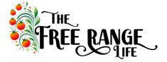 the free range and life logo is shown in black, white, and orange colors