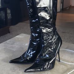 Pre-Owned In Good Condition. Made In Italy. Size It40/ Us 9.5/10 Heel Boots, High Heel Boots, Womens High Heels, Shoes Heels Boots, Shoes Women Heels, High Heel, Heeled Boots, Patent Leather, Black Women