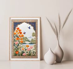 two white vases sitting next to each other on a table with a painting in the background