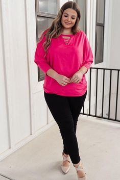 A pop of color does a body good! We love the fun vibe this adorable fuschia pink dolman top has. The ladder neck detail, soft stretchy fabric & full-saturation color makes this your coziest statement top yet. Pair with your favorite skinnies and leggings and you're unstoppable!Lightweight + StretchySoft DTY Fabric + Ladder Detail95% Polyester, 5% SpandexWash Cold, Hang DryRelaxed Fit*Measurements listed below are of the actual clothing item* S: Chest 47" Length 25"M: Chest 49" Length 25"L: Chest Saturation Color, Hot Pink Tops, Fuschia Pink, Dolman Top, V Neck Top, Judy Blue Jeans, Pink Tops, V Neck Tops, Hat Hairstyles