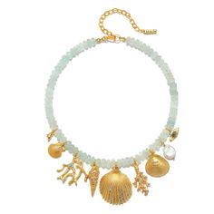 The La Mer Charm Necklace is our ode to the sea. Featuring our favorite seaside treasures strung alongside milky semi-precious gemstone beads, it strikes a whimsical note whether you pair it with casual jeans or your favorite summer dress. There’s even a mini turquoise-studded evil eye for luck! #afflink Ocean-inspired Jewelry With Lobster Clasp For Vacation, Ocean-inspired Jewelry For Vacation With Lobster Clasp, Ocean-inspired Jewelry For Vacation, Turquoise Strand Jewelry In Ocean-inspired Style, Turquoise Strand Jewelry With Ocean-inspired Style, Turquoise Strand Jewelry Ocean-inspired, Bohemian Summer Jewelry In Ocean Color, Ocean-inspired Turquoise Strand Jewelry, Ocean-inspired Round Gemstone Bead Jewelry