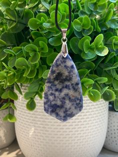 "Natural Blue Sodalite Pendant Necklace Shield Shaped  Size: 50x28x7mm Includes the silver pinch bail and the black leather cord that measures 17 inches long with an extra 2 inches for adjustability Called the blue \"Logic Stone,\" Sodalite emits an easy, tranquil energy that clears the mind and elicits deep thought, expanding the ability to arrive at logical conclusions based on rational consideration. It enhances one's powers of analysis, intuition, observation and creativity, and strengthens self-discipline, efficiency and organization. Sodalite does not stimulate wisdom, but rather clears one's vision and intellect opening the mind to formulate wisdom Since natural stones/gemstones are created in nature, they will often have minor flaws, imperfections or inclusions that have occurred o Memory Wire Wrap Bracelets, Jasper Earrings, Blue Sodalite, Moon Pendant Necklace, Wire Wrapped Bracelet, Deep Thought, Colorful Heart, Moon Pendant, Natural Red