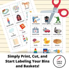 a pair of scissors sitting on top of a piece of paper with the words simply print, cut, and start labeling your bins and baskets