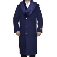 3 Button Mens Overcoat Full Length 48” Long Notch Lapel Wool Removable Fur Collar Blue Notch Lapel Peacoat For Formal Occasions, Royal Blue Fitted Formal Outerwear, Formal Blue Single-breasted Peacoat, Fitted Royal Blue Outerwear, Royal Blue Fitted Outerwear, Navy Fitted Peacoat For Semi-formal Occasions, Navy Fitted Peacoat For Formal Occasions, Fitted Navy Peacoat For Formal Occasions, Royal Blue Winter Outerwear For Work