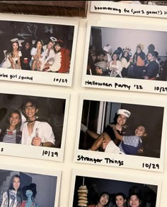 several polaroid photos of people at a halloween party, including one man in sailor's hat