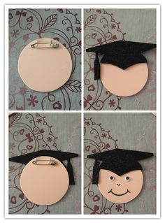 four pictures of graduation hats with faces on them