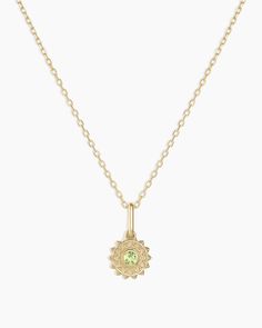 Whether you choose your birthstone, a loved ones, or your favorite color, the Sun Birthstone Charm Necklace is a meaningful addition to your daily layer. Crafted with genuine gemstones and 14k solid gold, this necklace is timeless and easy to wear. A great gift for yourself or someone special. Sun Birthstone Charm Necklace in 14k Solid Gold, Women's by gorjana 14k Gold Birthstone Necklace With Gemstone Accents, Peridot Gemstone Necklace For May Birthstone, Spiritual Yellow Gold Birthstone Necklace, Spiritual 14k Gold Emerald Necklace, Spiritual Round May Birthstone Necklace, Pendant May Birthstone Necklace, Gold May Birthstone Necklace With Gemstone Accents, 14k Gold May Birthstone Necklace, 14k Gold May Birthstone Fine Jewelry Necklace