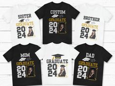 Show your support and how proud you are of that special graduate in your life with this custom family graduation shirt.  Personalize with any name you want and with the picture of the graduate.  Please see description below on how to order multiple shirts for a group. PERSONALIZATION Add the name to be shown on the shirt  For example: SISTER Please send a message to me after you order with a high resolution quality picture that you will like to have on the shirt.  HOW TO ORDER: Please pay partic Graduation Shirts For Family, Grad Ideas, Graduation 2024, Graduation Shirt, The Graduate, Graduation Shirts, Group Shirts, Party Shirts, Family Shirts