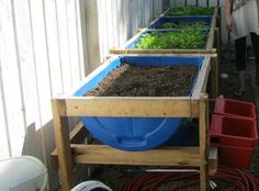 a woman standing next to a row of planters filled with dirt and green plants