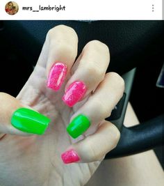 Hot Pink And Green Nails, Neon Pink And Green Nails, Manicure Tutorials, Hot Nail Designs, Short Almond Nails, Cute Eyeshadow Looks, Hot Pink Nails