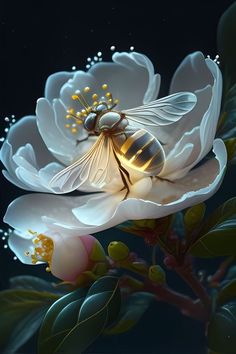 a bee sitting on top of a white flower