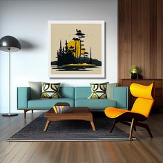 a living room filled with furniture and a painting hanging on the wall over a wooden floor