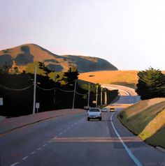 a painting of a car driving down a road with hills in the background and trees on either side