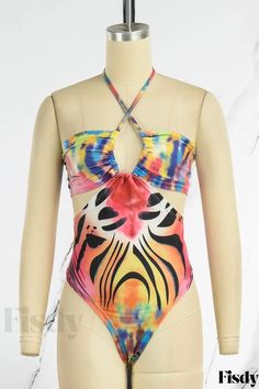 Fisdy - Stylish Multicolor Patchwork Backless Swimwear (Paddings Excluded) Backless Swimwear, Backless Swimsuit, Valentines Lingerie, Vintage Summer Dresses, Short Denim Skirt, Printed Summer Dresses, Swimwear Tankini, Lace Dress Long, Playsuit Romper