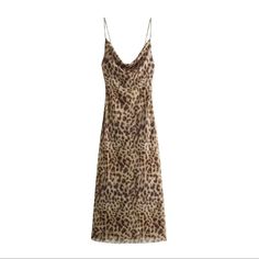 Leopard spaghetti strap midi dress with a cowl neck. Details: 100 Polyester Backless Slip Dress, Leopard Print Maxi Dress, Net Dress, Printed Long Dresses, Sling Dress, Midi Dress Party, Suspender Dress, Women Long Dresses, Printed Maxi