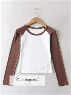 Women White with Black Long Sleeve Colorblock Raglan Rib Fitted T-shirt SUN-IMPERIAL United States Imperial Fashion, Full Sleeve Tshirt, Wear Crop Top, Aesthetic Women, Solid Clothes, Next Clothes, Grey Long Sleeve, Black Long Sleeve, Long Sleeve Crop Top