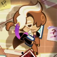 a cartoon character holding a cell phone with question marks on the wall behind her and other items around him