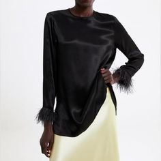 The Perfect Party Top! Super Elegant Shirt Length Front: 27” Shirt Length Back: 32” 100% Viscose Zara Shirt Women, Feather Blouse, Feather Cuffs, Feather Cuff, Zara Basics, Light Pink Blouses, Velvet T Shirt, Womens Halter Tops, Ruffle Sleeve Blouse