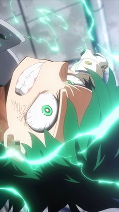 an anime character with green eyes laying on the ground in front of some lightnings