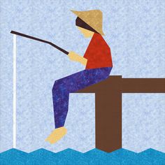 a man sitting on top of a wooden pole in the water with a fishing rod