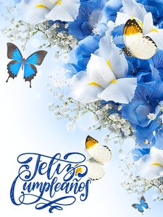 there are blue and white flowers with butterflies flying over them on the card that says feli's empleing