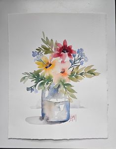 a watercolor painting of flowers in a blue vase