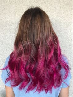 Hair Color On Ends Of Hair, Dyed Tips On Brown Hair, Hair Dye Ideas Ends Of Hair, Tips Of Hair Dyed Pink, Pink Red And Brown Hair, Pink In Dark Brown Hair, Pink Hair Ends Blondes, Color On The Ends Of Hair, Hot Pink Hair Ends