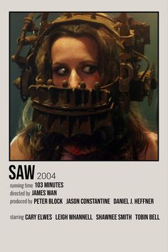 the poster for saw, featuring a woman with chains on her head and eyes closed