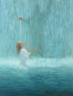 a painting of a girl in the rain with an umbrella above her head and text that reads he will come to us like the rain